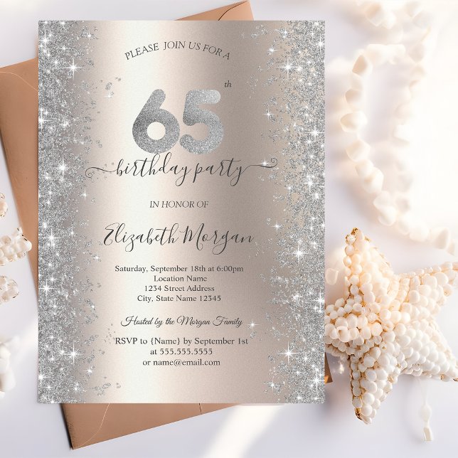 Invitation Diamants Silver Sparkle Ivory Fête des 65 ans (Créateur téléchargé)
