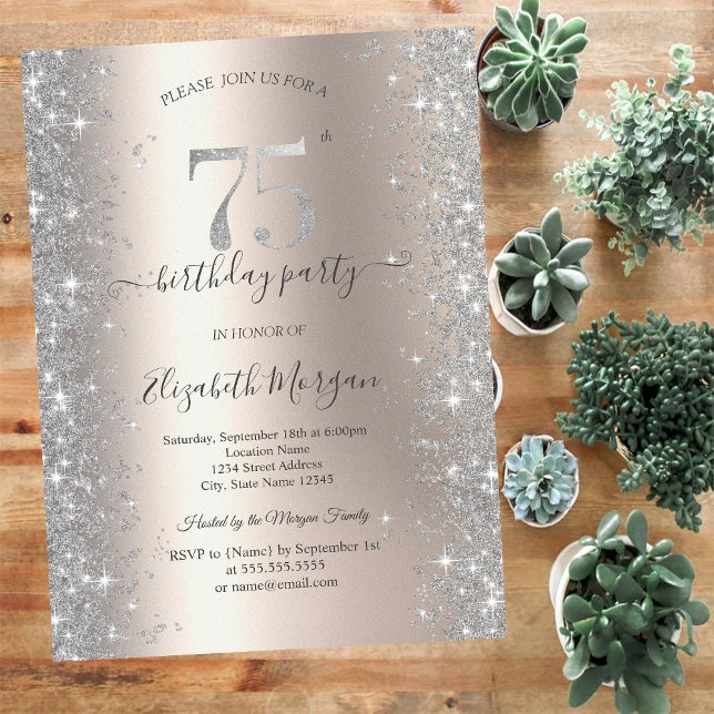 Invitation Diamants Silver Sparkle Ivory Fête des 75 ans (Créateur téléchargé)