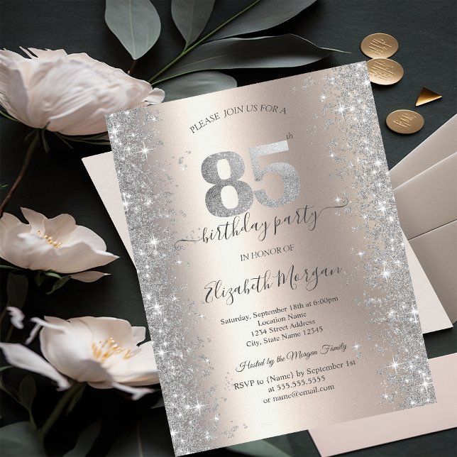 Invitation Diamants Silver Sparkle Ivory Fête des 85 ans (Créateur téléchargé)