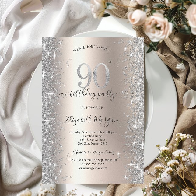 Invitation Diamants Silver Sparkle Ivory Fête des 90 ans (Créateur téléchargé)