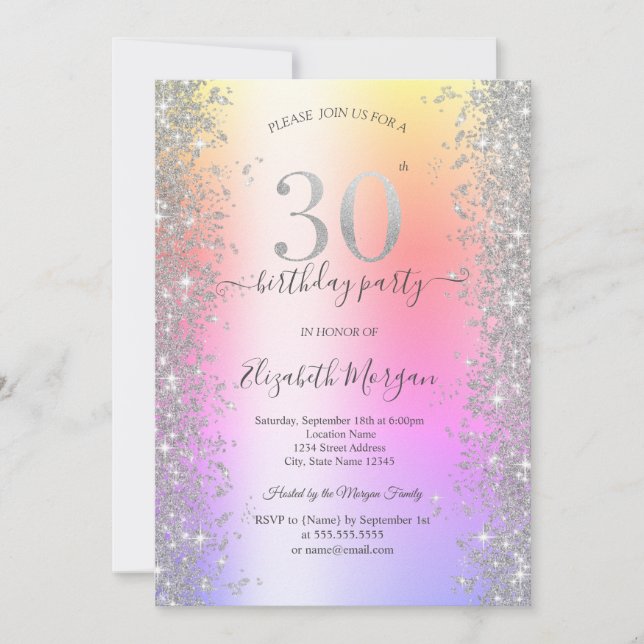 Invitation Diamants Silver Sparkle Ombre Fête d'anniversaire  (Devant)