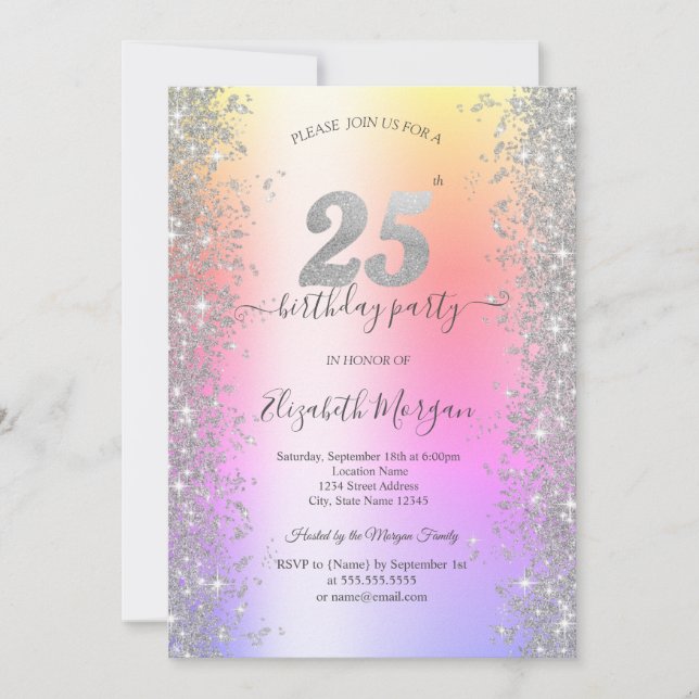 Invitation Diamants Silver Sparkle Ombre Fête d'anniversaire  (Devant)