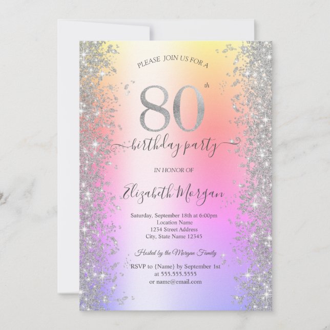 Invitation Diamants Silver Sparkle Ombre Fête des 80 ans (Devant)