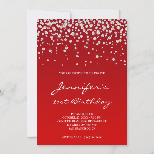 Invitation Diamants Strass Dégradé Rouge 21e Anniversaire (Devant)