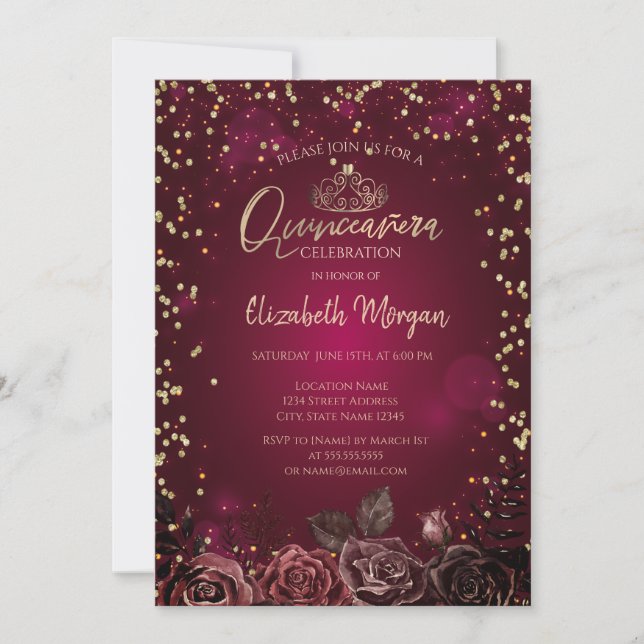 Invitation Diamants, Tiara Bourgogne Roses Quinceañera (Devant)