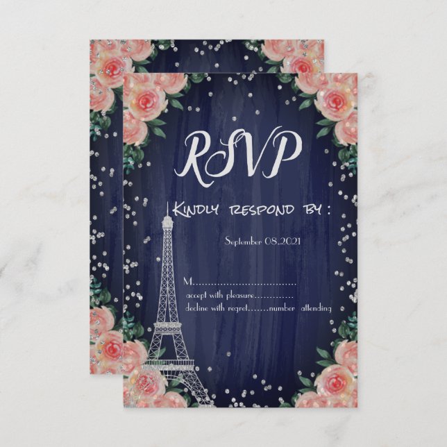 Invitation Diamants Tour Eiffel Argent Fleurs RSVP (Devant / Derrière)