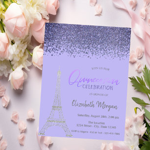 Invitation Diamants, Tour Eiffel Lumière Violet Quinceañera