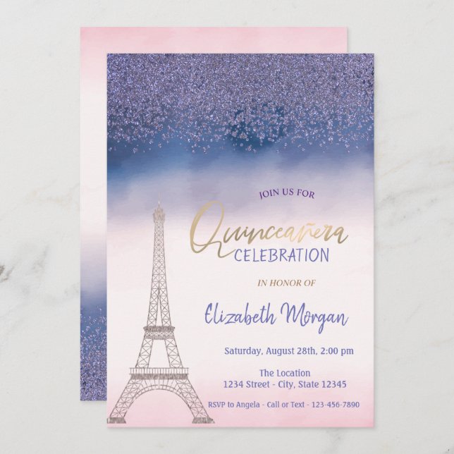 Invitation Diamants, Tour Eiffel Ombre Quinceanera (Devant / Derrière)