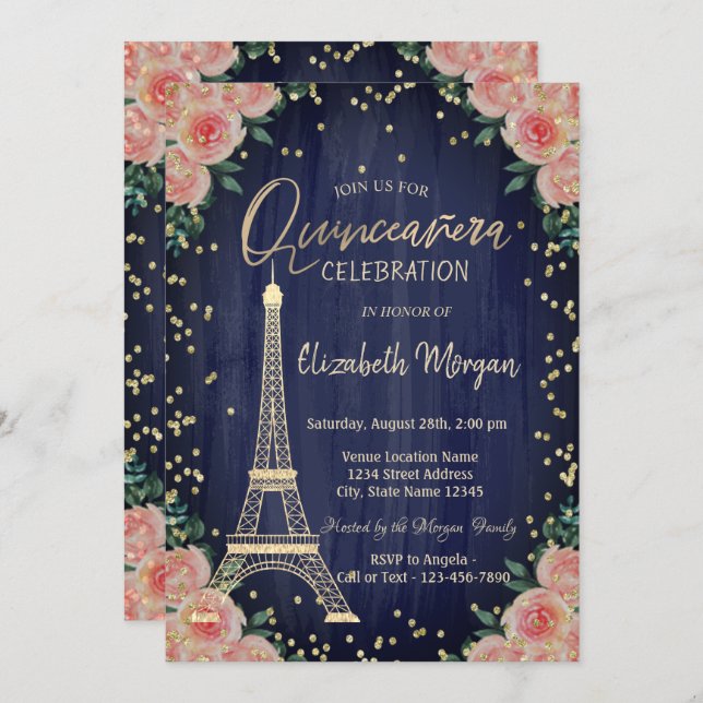 Invitation Diamants Tour Eiffel Or Fleurs Quinceañera (Devant / Derrière)