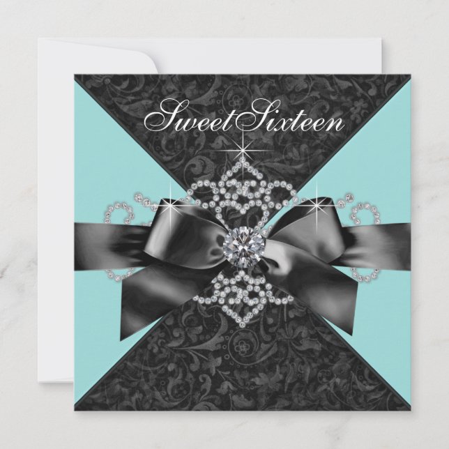 Invitation Diamants Turquoise Bleu Black Sweet 16 Anniversair (Devant)