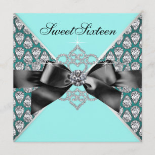 Invitation Diamants Turquoise Bleu Black Sweet 16 Anniversair