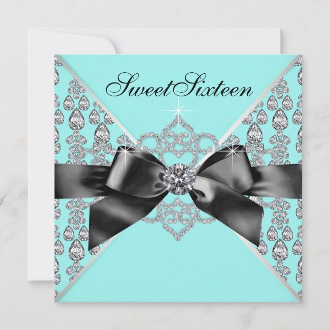 Invitation Diamants Turquoise Bleu Black Sweet 16 Anniversair (Devant)