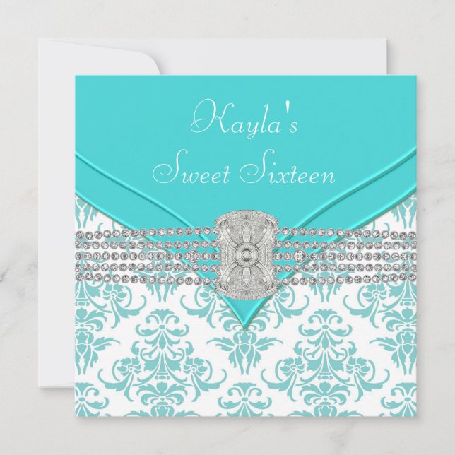 Invitation Diamants Turquoise Bleu Damas Sweet sixteen Annive (Devant)