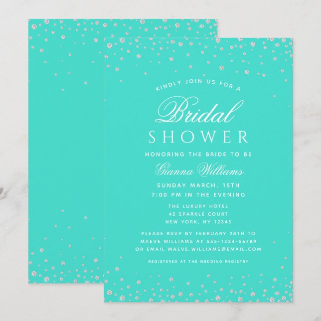 Invitation Diamants Turquoise Fête des mariées de luxe modern (Devant / Derrière)