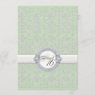 Invitation Diamants verts et argentés et dentelle, Sweet sixt