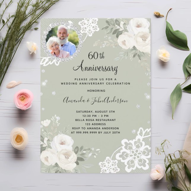 Invitation Diamants verts floraux 60e anniversaire de mariage (Créateur téléchargé)