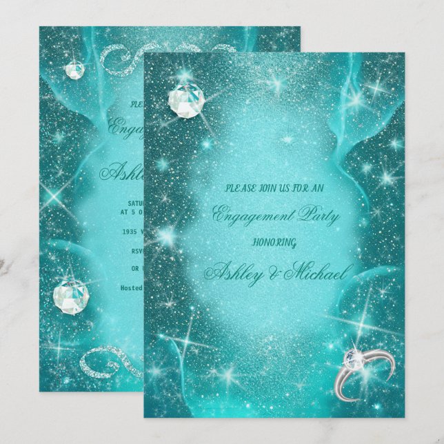 Invitation diamants verts turquoise cosmiques élégants scinti (Devant / Derrière)