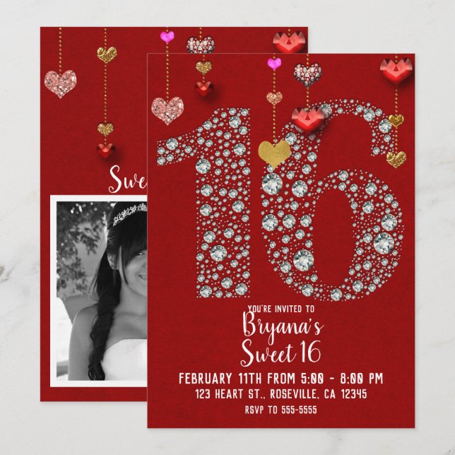 Invitation Diamond 16 Saint-Valentin Cœurs Fête d'anniversair (Devant / Derrière)