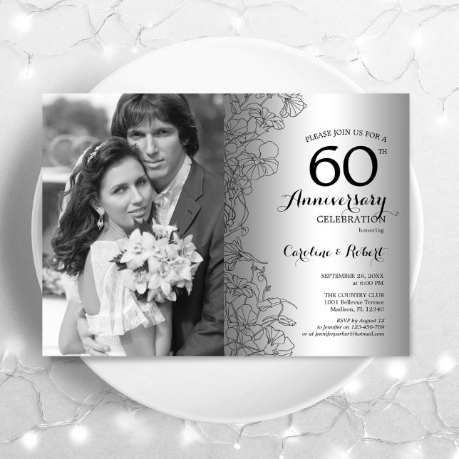 Invitation Diamond 60e Anniversaire Avec Photo Floral Argent (Créateur téléchargé)