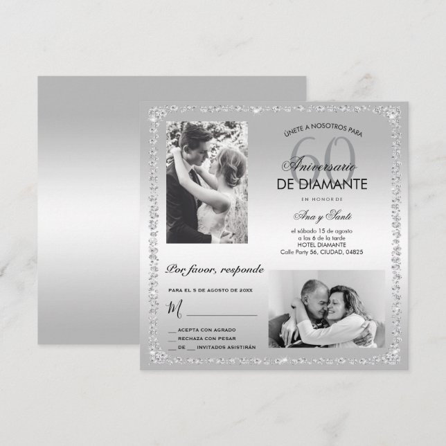 Invitation Diamond 60th Wedding Anniversary Double Photo  (Devant / Derrière)