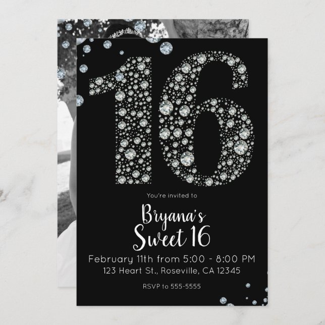 Invitation Diamond Bling 16 Seize Anniversaire Photo (Devant / Derrière)