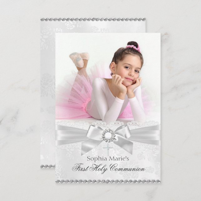 Invitation Diamond Bow & Cross Photo First Holy Communion (Devant / Derrière)