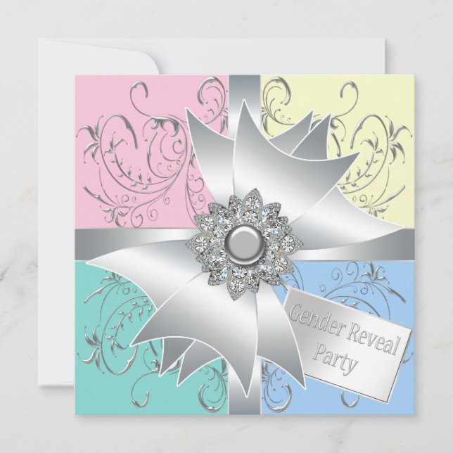 Invitation Diamond Bow Elegant Rose Bleu Sexe Revevela Party (Devant)