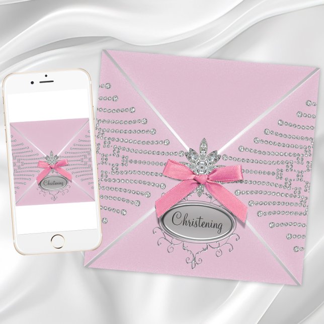 Invitation Diamond Bow Rose Christening (Girl pink christening and baptism invitation. Digital download and printed invitations available.)
