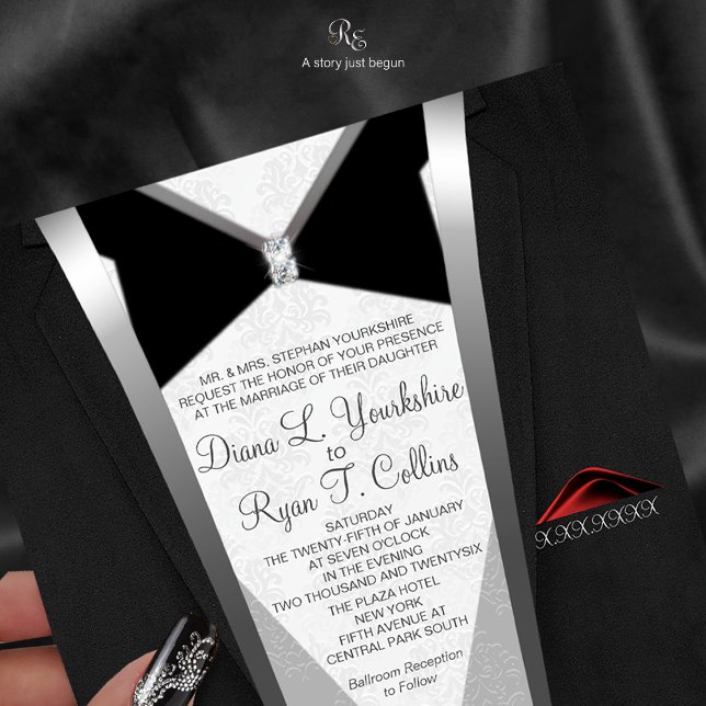 Invitation Diamond Cravate Noire (Black Tie Diamond invitation with elegant wording framed in timeless tuxedo.)