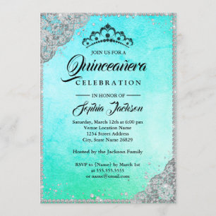Invitation Diamond Dentelle Étincelle Bleu Turquoise Quincean