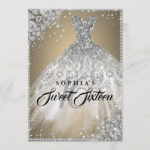 Invitation Diamond Dentelle Étincelle Gown Or Silver Sweet 16
