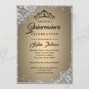 Invitation Diamond Dentelle Étincelle Or Argent Quinceanera