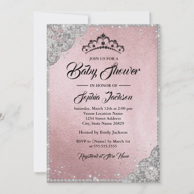 Invitation Diamond Dentelle Étincelle rose Argent Baby shower (Devant)
