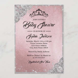 Invitation Diamond Dentelle Étincelle rose Argent Baby shower