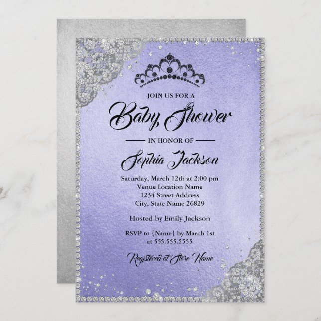 Invitation Diamond dentelle violet argent Baby shower fille (Devant / Derrière)