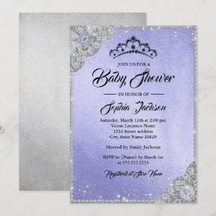 Invitation Diamond dentelle violet argent Baby shower fille