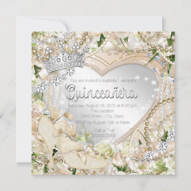 Invitation Diamond et Perle Rose Blanche Quinceanera (Devant)