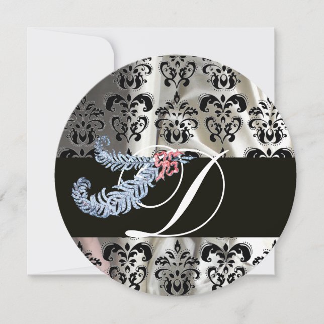 INVITATION DIAMOND FEATHER BLACK WHITE SILK DAMASK MONOGRAM (Devant)