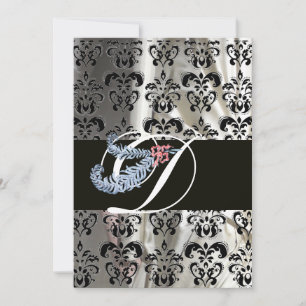 INVITATION DIAMOND FEATHER WHTE NOIR SILK DAMASK MONOGRAM
