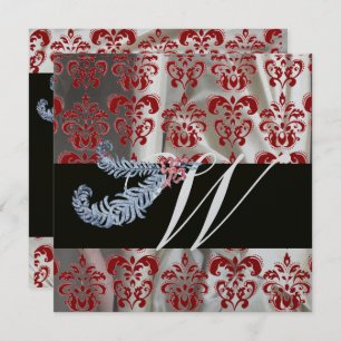 INVITATION DIAMOND FEATHERS ARGENT ROUGE SILK DAMASK MONOGRAM