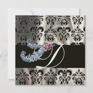 INVITATION DIAMOND FEATHERS BLACK SILK DAMASK MONOGRAM