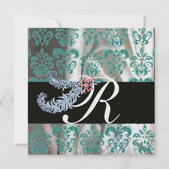 INVITATION DIAMOND FEATHERS GLACE BLEU SOIE DAMAS MONOGRAM (Devant)