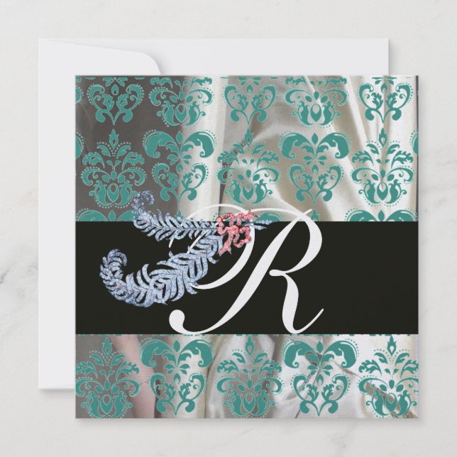 INVITATION DIAMOND FEATHERS GLACE BLEU SOIE DAMASSÉE MONOGRAM (Devant)