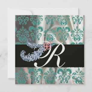 INVITATION DIAMOND FEATHERS GLACE BLEU SOIE DAMASSÉE MONOGRAM