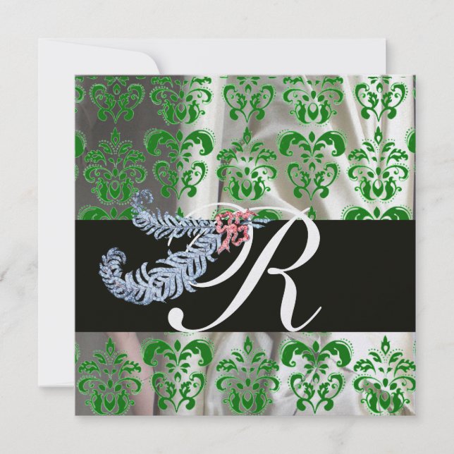 INVITATION DIAMOND FEATHERS GREEN ICE SILK DAMASK MONOGRAM (Devant)