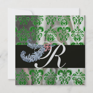 INVITATION DIAMOND FEATHERS GREEN SILVER SILK DAMASK MONOGRAM