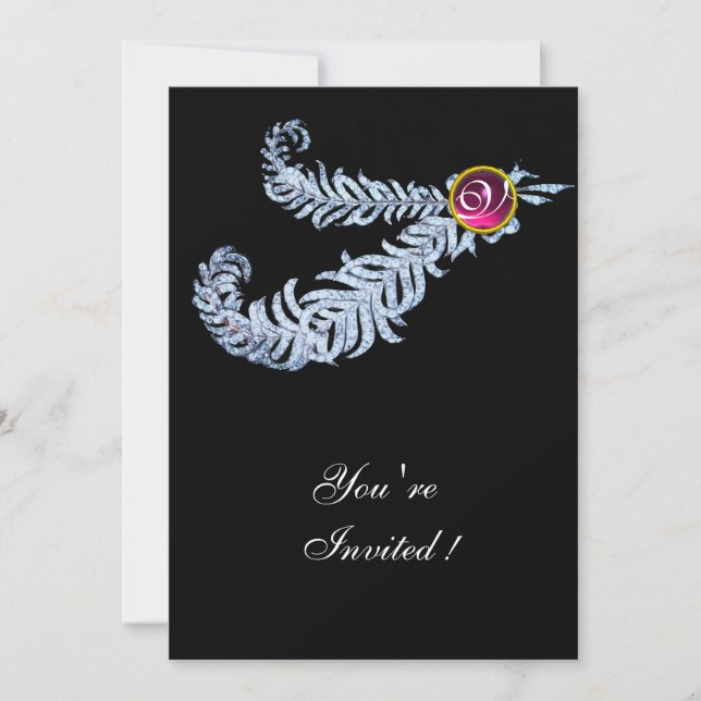 Invitation DIAMOND FEATHERS MONOGRAM, rubis rouge, rose (Devant)