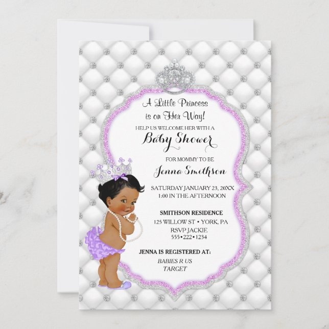 Invitation Diamond Glitter Ethnic Princess Baby Girl Lavender (Devant)