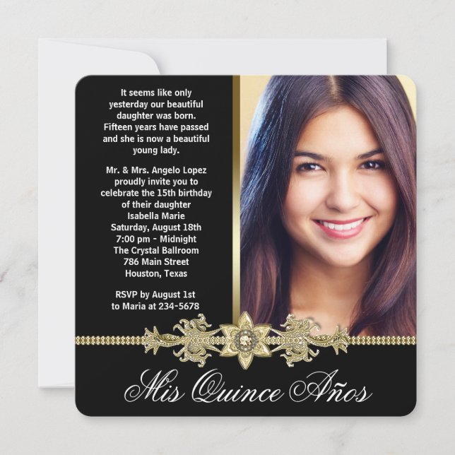 Invitation Diamond Gold Black et Gold Photo Quinceanera (Devant)