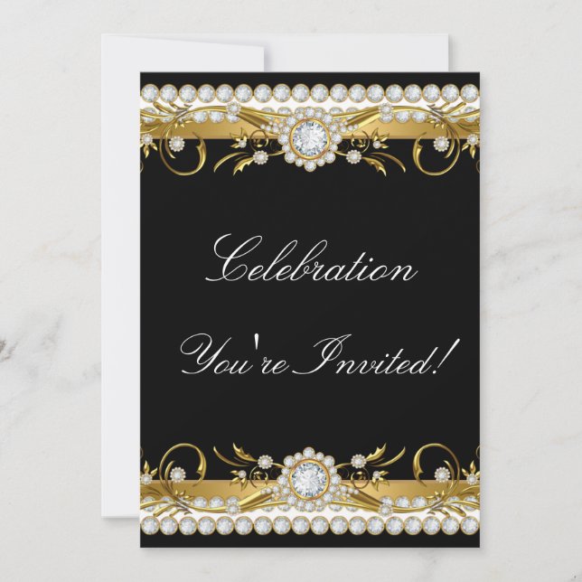 Invitation Diamond Gold Black White Floral Fête (Devant)